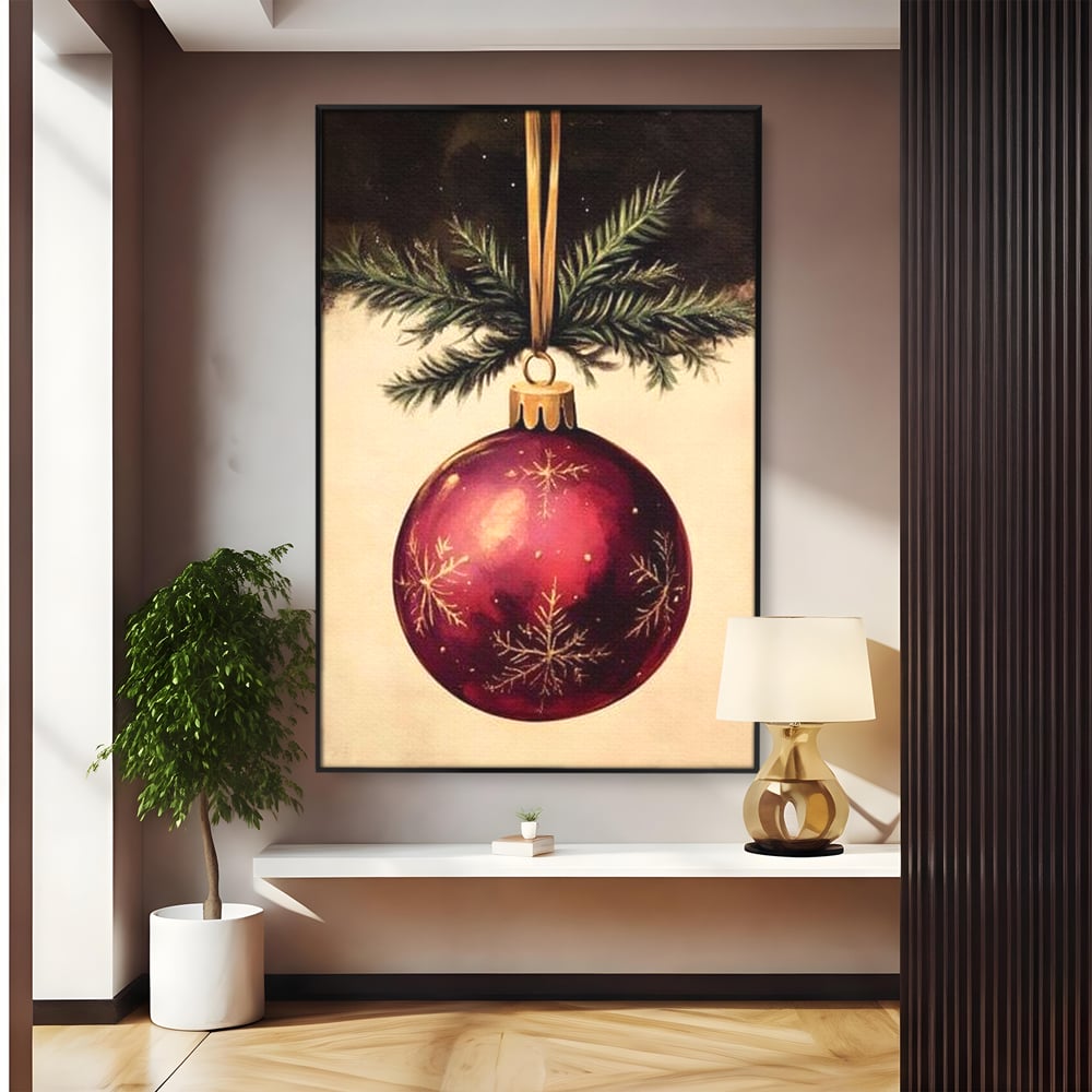 Tablou canvas cu tablou canvas cu glob de craciun visiniu, in rama de aluminiu negru